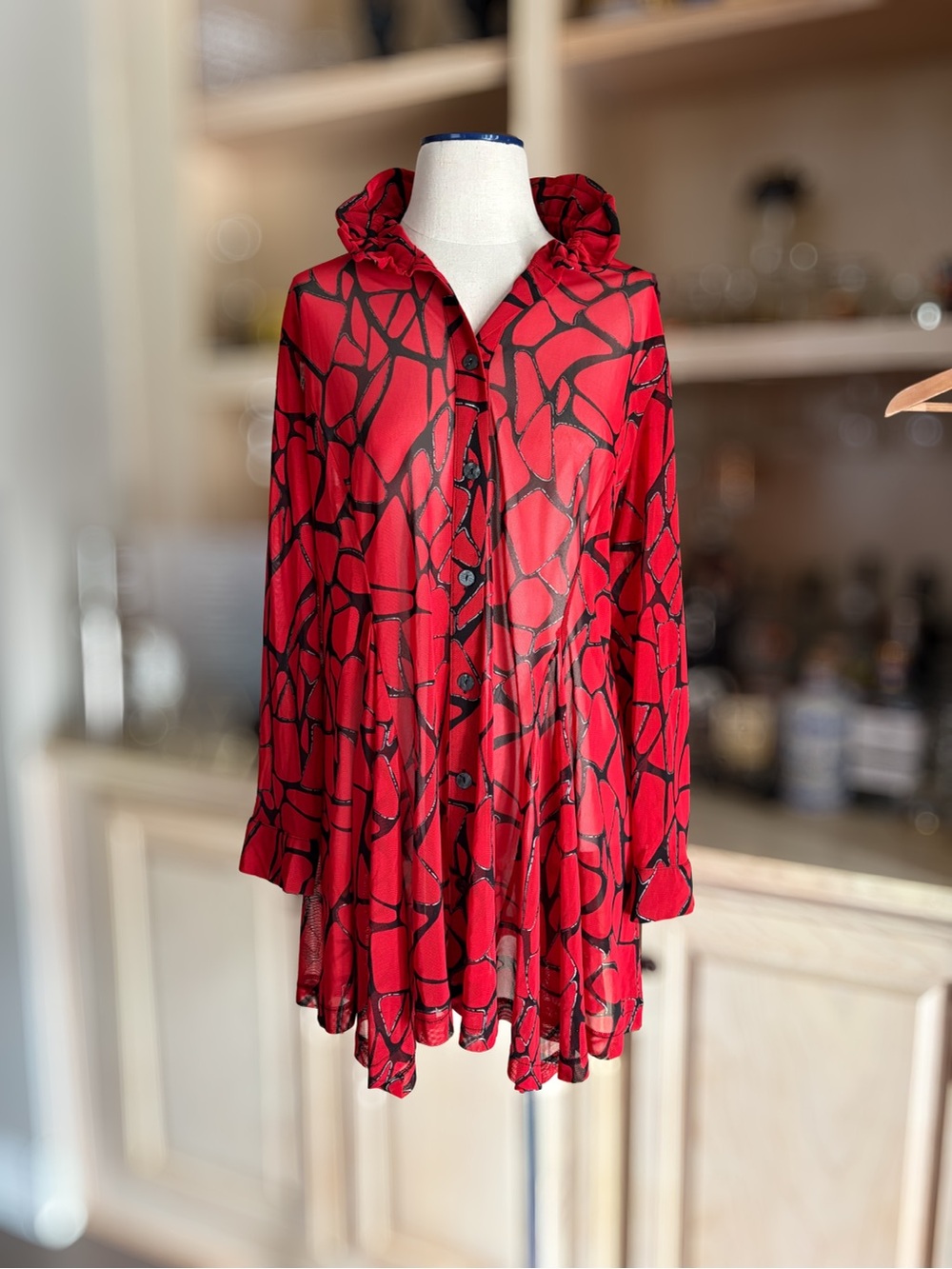 Red and Black Mesh Abstract Crinkle Swing Jacket/Top by Damee, Inc.